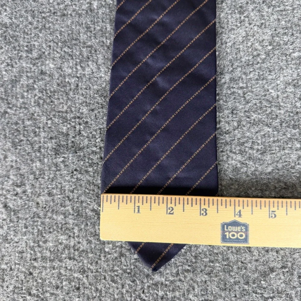 Burberry London Mens Navy Blue Silk Logo Script Diagonal Stripe Necktie Italy